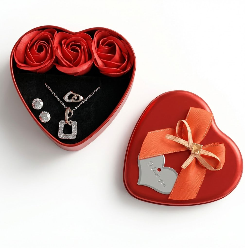 Floweraura Sparkling Love Adornments Jewelry & Artificial Flower in Heart Red Box Valentine's Gift